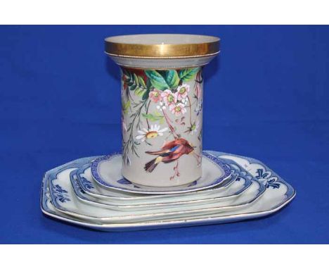 FOUR GRADUATED BLUE AND WHITE BURGESS & LEIGH SERVING DISHES
with gilt and floral decoration, the largest 40cm long; together