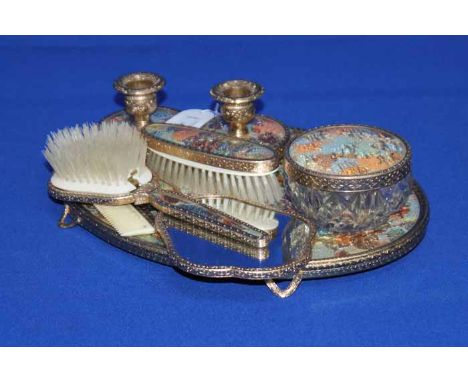 VINTAGE EIGHT PIECE GILT VANITY SET
including brush, mirror, tray, powder; together with a collection of silver plated items