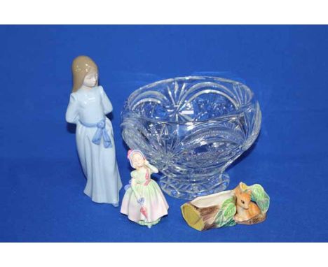 ROYAL DOULTON GIRL FIGURE
'Babie HN1679'; together with a Nao lady figure, a novelty trinket pot and a large cut crystal bowl