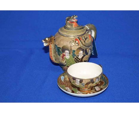 JAPANESE EXPORT SATSUMA TEA SET
with a teapot, cream jug, four cups and five saucers, all with figures panels and teapot and 