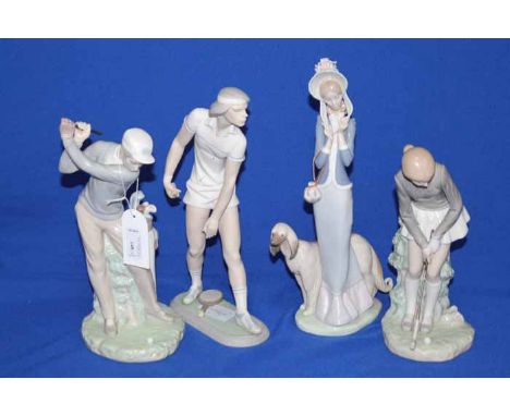 FOUR LLARDO SPORTS FIGURES
including a tennis player, two golfers and a lady with her dog, largest 33cm high