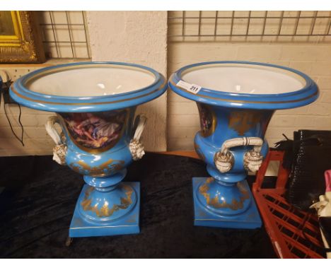 PAIR OF LIGHT BLUE SEVRES STYLE URNS - 48 CMS (H) APPROX