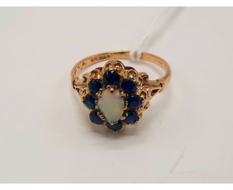 9CT GOLD OPAL &amp; SAPPHIRE RING SIZE K/L (OPAL SLIGHTLY DAMAGED)