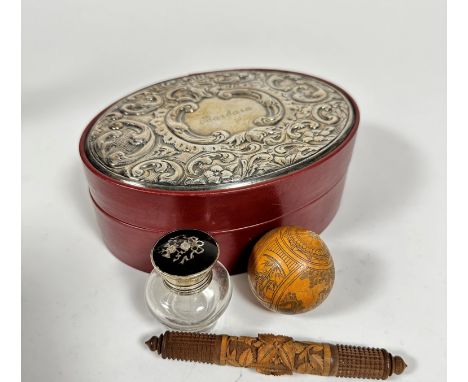 A silver topped oval suede effect lined box with engraved name Barbara, (6.5cm x 17cm x 3cm), a miniature treen Chinese carve