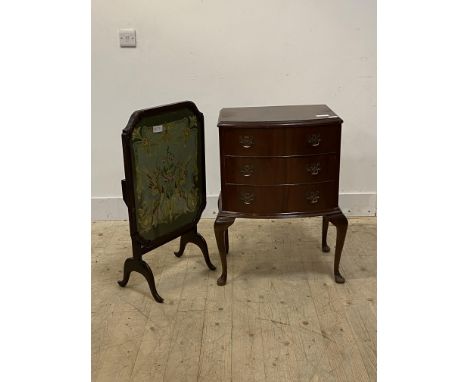 A mid to late 20th century mahogany bow front bedside chest, fitted with three drawers, raised on cabriole supports, H75cm, W