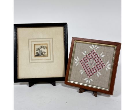 An Edwardian linen panel with drawn thread style triangular centre, with running stitch leaves, in oak glazed frame (12cm x 1