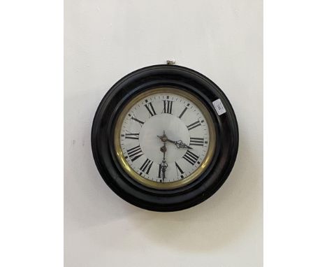 A late 19th century wall timepiece clock, ebonised oak and stained pine case, white enamel dial with Roman chapter ring, sing