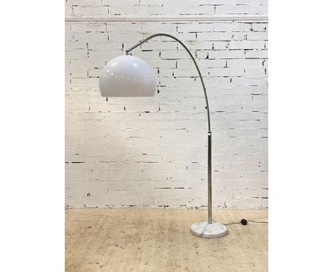 A vintage arc lamp, the moulded opaline shade on a chrome plated adjustable branch, standing on a white marble base, H192cm