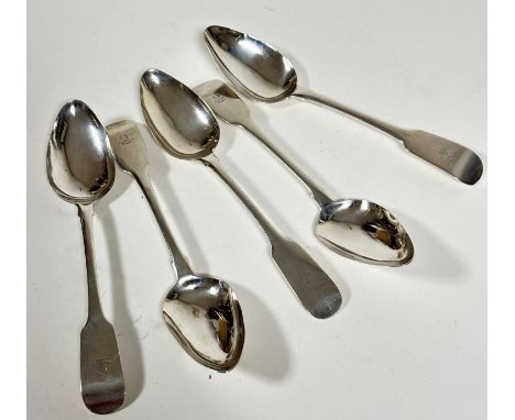 A set of five Dublin silver Fiddle pattern dessert spoons, (L: 17cm) with coronet and crescent upturned moon, stamped RG for 