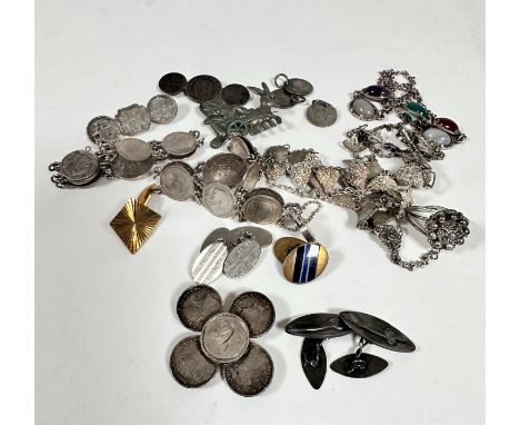 A collection of silver thruppenny coin and sixpence jewellery including two bracelets with George V thruppenny pieces and six