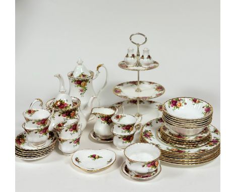 A Royal Albert Old Country Roses, afternoon tea service comprising, a coffee pot, cake stand, six dinner plates, a pair of sa