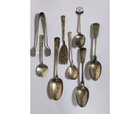 A pair of George III Chester silver spoons, together with five silver spoons, sugar tongs and a fork, approx 150g