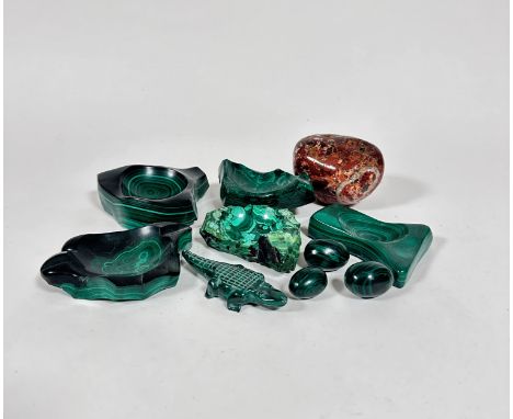 A collection of five various malachite shaped dishes including an ashtray etc (smallest 10cm x 8cm, largest 13.5cm x 10cm), a