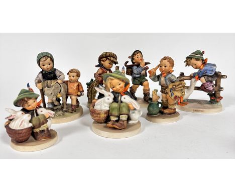 A group of Hummel figures including Barnyard Hero, (h 15cm x 10cm) Homeward Bound, a figure group with goat, a Hummel pottery