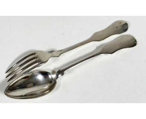 A pair of Continental white metal fiddle pattern table fork and table spoon, (L: 22cm) hallmarked to back