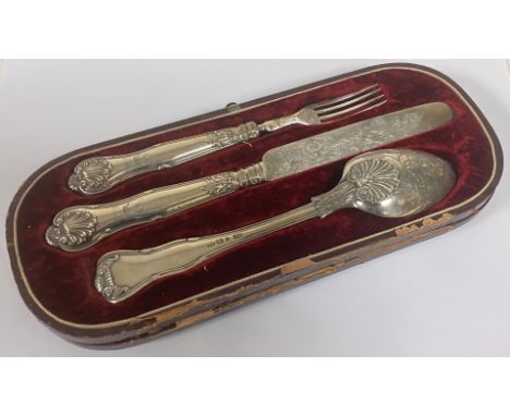 A Victorian Sheffield silver 1841 christening set comprising Fiddle and Shell pattern spoon, silver bladed knife and fork, co