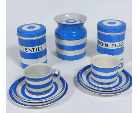 A TG &amp; Green Cornishware Green Pea cyclinder storage jar complete with cover, (14.5cm x 10cm) shows no signs of damage, r