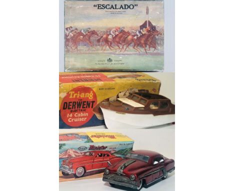 ESCALADO HORSE RACING GAME BOXED/DERWENT TRIANG CABIN CRUISER. A mechanical horse racing game 'Escalado' in original box, by 