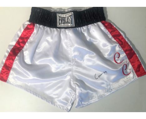 CASSIUS CLAY MUHAMMAD ALI SIGNED REPLICA BOXING SHORTS.  Pair of Everlast shorts the same as those in which he won his first 