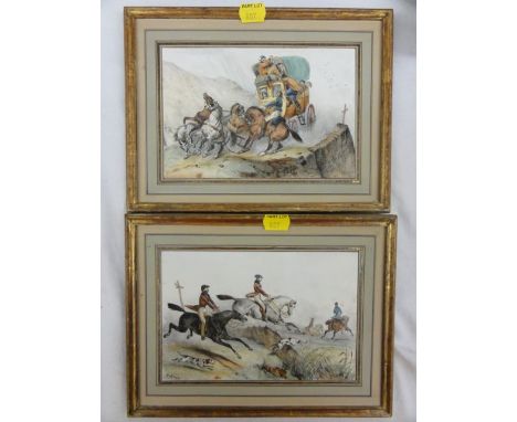 A pair of 19th century coloured lithographs showing a dramatic coaching scene and a hunting scene, one signed bottom left F A