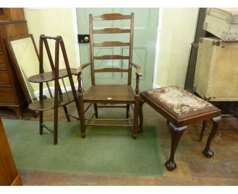 A simple Georgian ashwood ladder back elbow chair on turned supports, together with a Georgian style stool with claw and ball