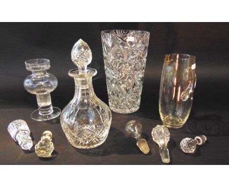 A substantial clear cut glass vase of tapering cylindrical form, a Dartington Glass vase of thistle head form raised on a cir
