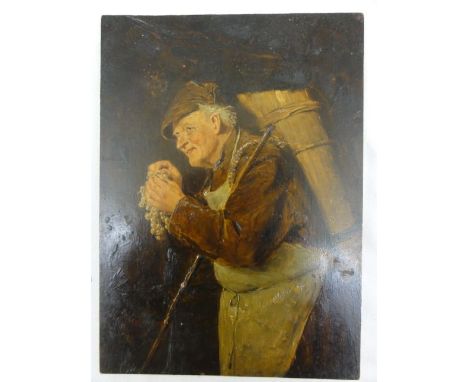 A 19th century continental study on wooden panel of an elderly grape harvester with grape hod on his back and holding a bunch