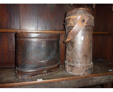 A vintage leather cordite/shell carrier with loop handle together with a stitched leather horses nose bag stamped made by D B