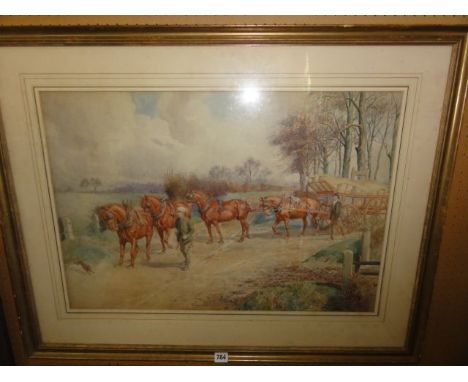 A watercolour by Frank Algernon Stewart showing a team of four farm horses pulling a heavily laden cart and accompanied by a 