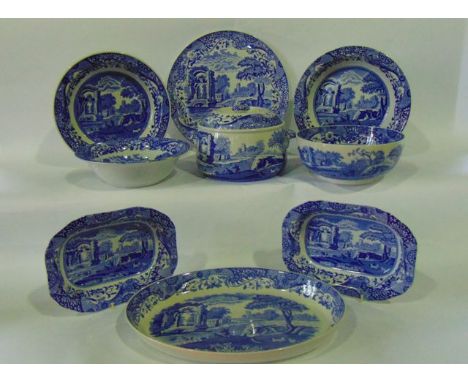 A collection of Copland Spode blue and white printed Italian pattern dinner wares comprising an oval serving dish, a circular