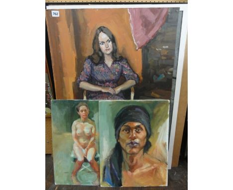 A collection of three oil paintings on board of life studies including a seated female nude figure, a shoulder length portrai