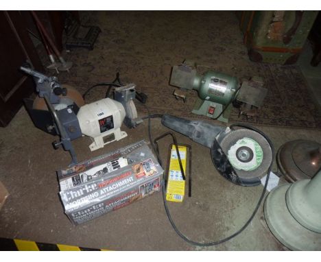A performance 2000 watt 230mm electric angle grinder in original cardboard packaging, a Clarke woodworker morticing attachmen