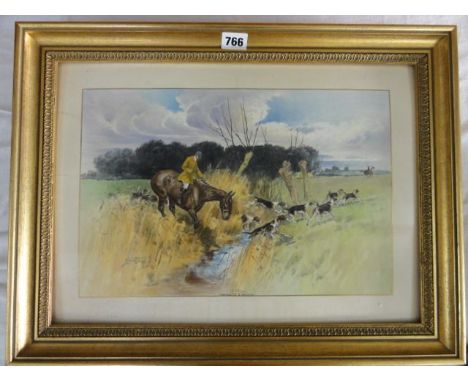 An unusual heavy ceramic panel with printed and painted decoration after Lionel Edwards showing a hunting scene with yellow j