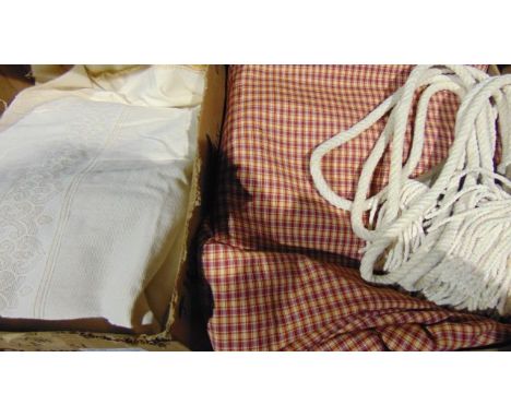 A quantity of curtain fabric to include example in cream and burgundy check with good quality tie backs, etc (2 boxes)