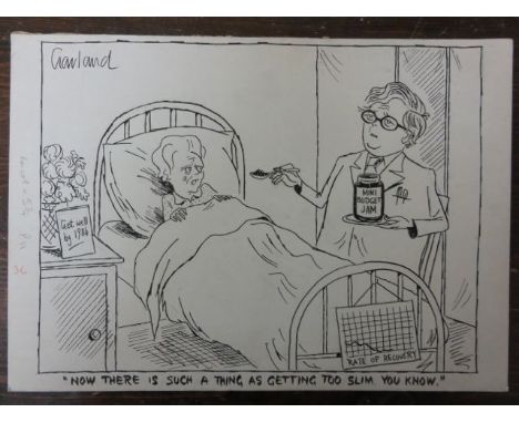 A black and white caricature by Nicolas Garland showing an unwell Margaret Thatcher lying in a hospital bed being fed Mini-Bu