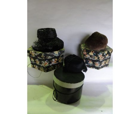A ladies 20th century fur hat bearing label Harvey Nichols, Knightsbridge, Model Millinery, contained within a vintage printe