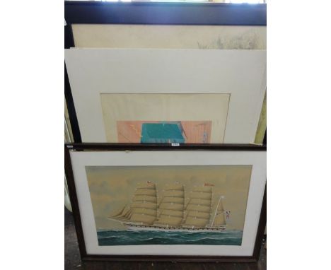 A gouache study of a 19th century style four mast sailing ship Madeleine, 46 x 73 cm approx in wooden frame together with a s