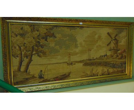 A continental tapestry panel showing a Dutch canal scene with fisherman and windmill, framed