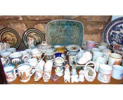 An extensive collection of 19th century and other ceramics including a quantity of moustache cups with various painted and pr