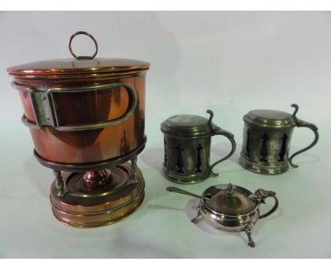 A copper compact travelling stove with associated burner and mount together with a pair of pewter lidded condiment pots with 