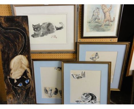 A collection of illustrations relating to cats including a set of three ink and gouache studies of cats including cat feeding