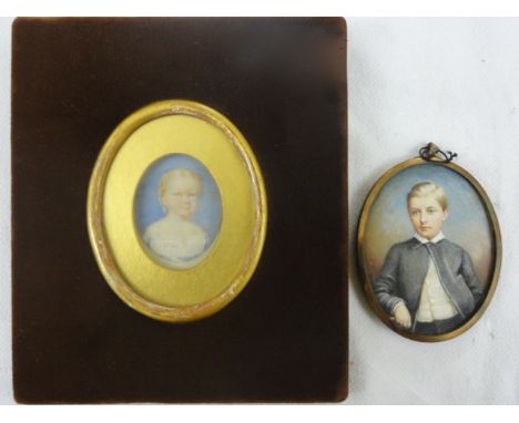 An early 20th century watercolour of oval form showing a portrait of a young boy, half length, wearing a dark grey jacket, 7 