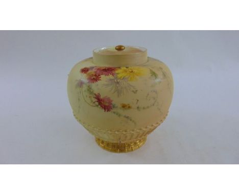 A Royal Worcester blush ivory vase of globular form with painted and gilded chrysanthemum decoration, with basket weave mould