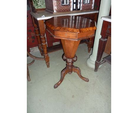 A Victorian walnut trumpet shaped sewing/work box of octagonal form, the hinged lid with segmented figured veneers enclosing 