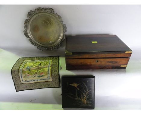 A rosewood veneered Victorian writing slope (AF) together with an oriental black lacquer worked lidded box of squared form wi