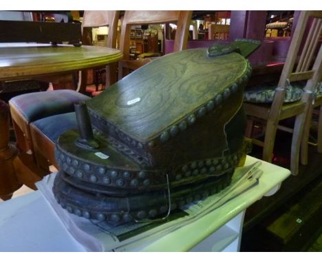 A pair of vintage elm and leather studded foot bellows
