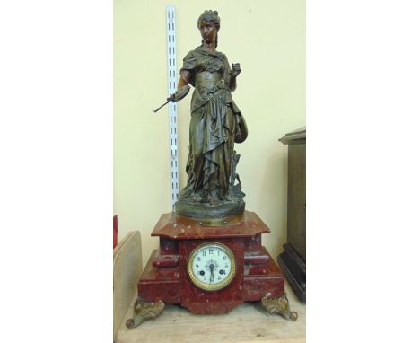 A 19th century marble cased clock surmounted by a spelter figure of a classical female with a lute - Simplicite after Bouret,