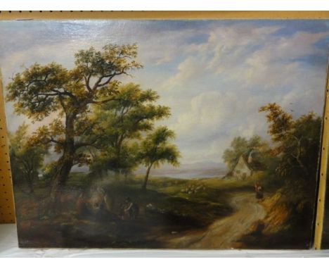 A pair of 19th century English School oil paintings on canvas, one showing a country landscape with figures around a camp fir