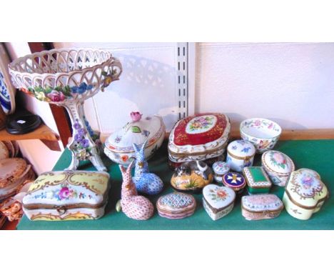 A collection of decorative ceramics including a Herend box and cover of oval form with floral painted and encrusted decoratio