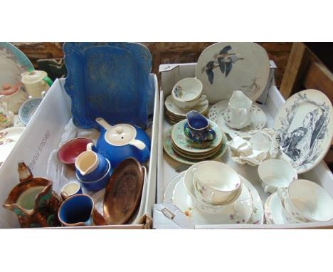 A collection of ceramics, including floral tea wares marked KPM to base, blue glazed souvenir tea wares marked Lynton, a Midw